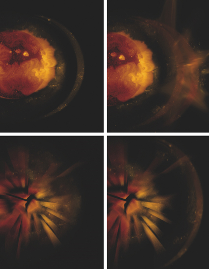 התפוצצויות של כוכב סופר-ענק. למעלה משמאל: "סופרנובה מדומה" - פליטת כמויות גדולות של חומר המלווה באור חזק ובהיר. למעלה מימין: התנגשויות בין טבעות ענקיות הנפלטות מהכוכב דומות לסופרנובה, אך אינן מובילות להשמדה מוחלטת של הכוכב. למטה משמאל: "טביעת אצבע" אופיינית לסופרנובה מסוג IIn - גלי הלם הנוצרים בהתנגשות בין שיירי הכוכב שהתפוצץ, ההולכים ומתפשטים, לבין חומר שנזרק מהכוכב בשלב מוקדם יותר. למטה מימין: סופר-התפרצות המהווה "סימן מקדים" לסופרנובה 